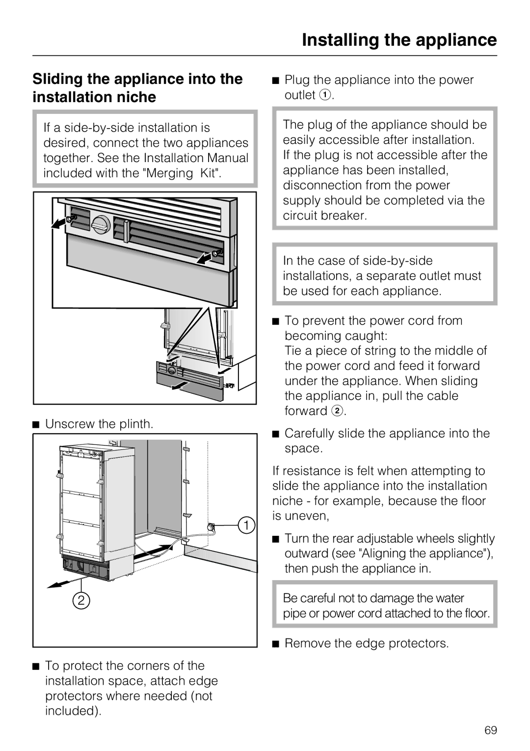 Miele F 1471 installation instructions Sliding the appliance into the installation niche 