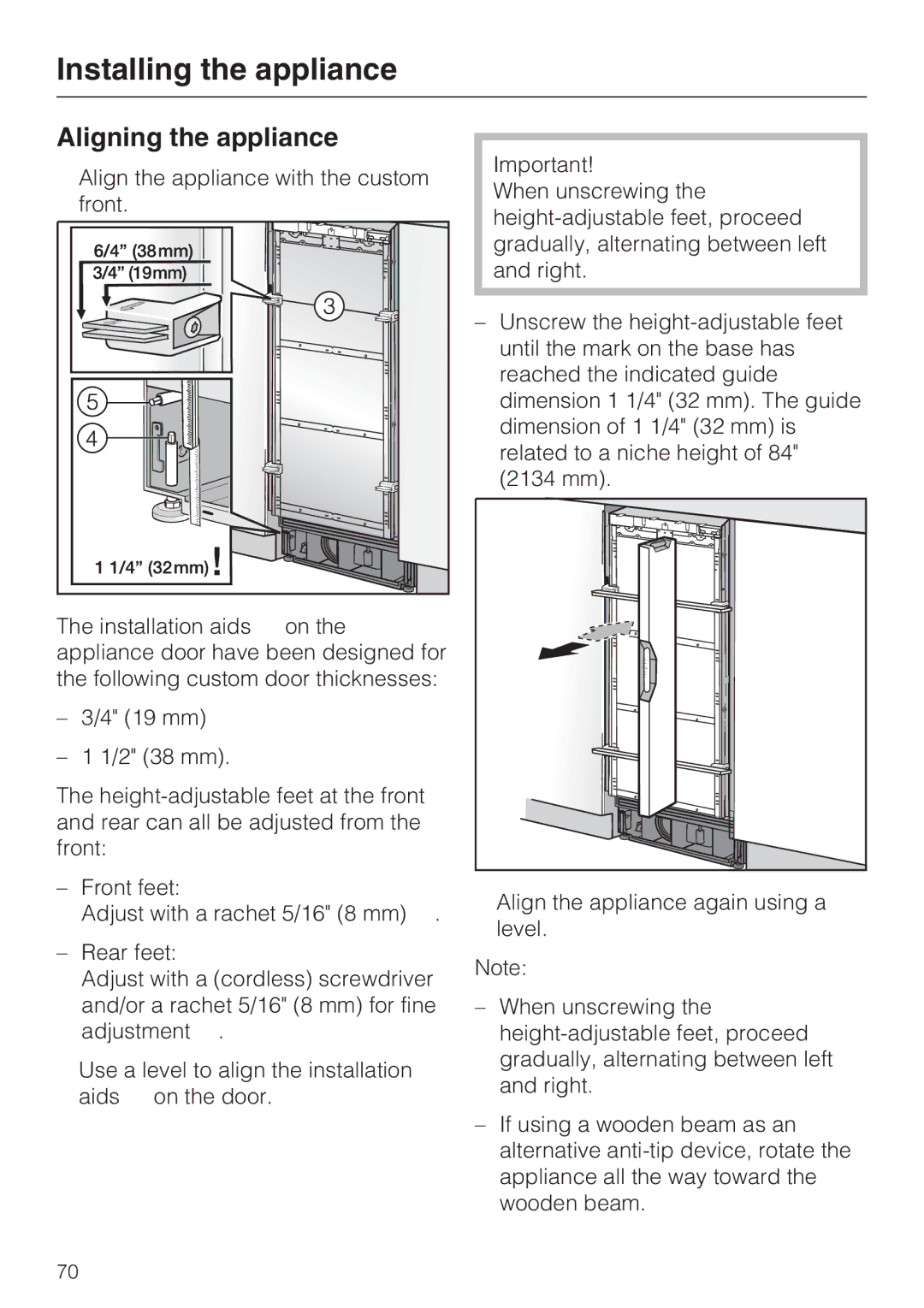 Miele F 1471 installation instructions Aligning the appliance 