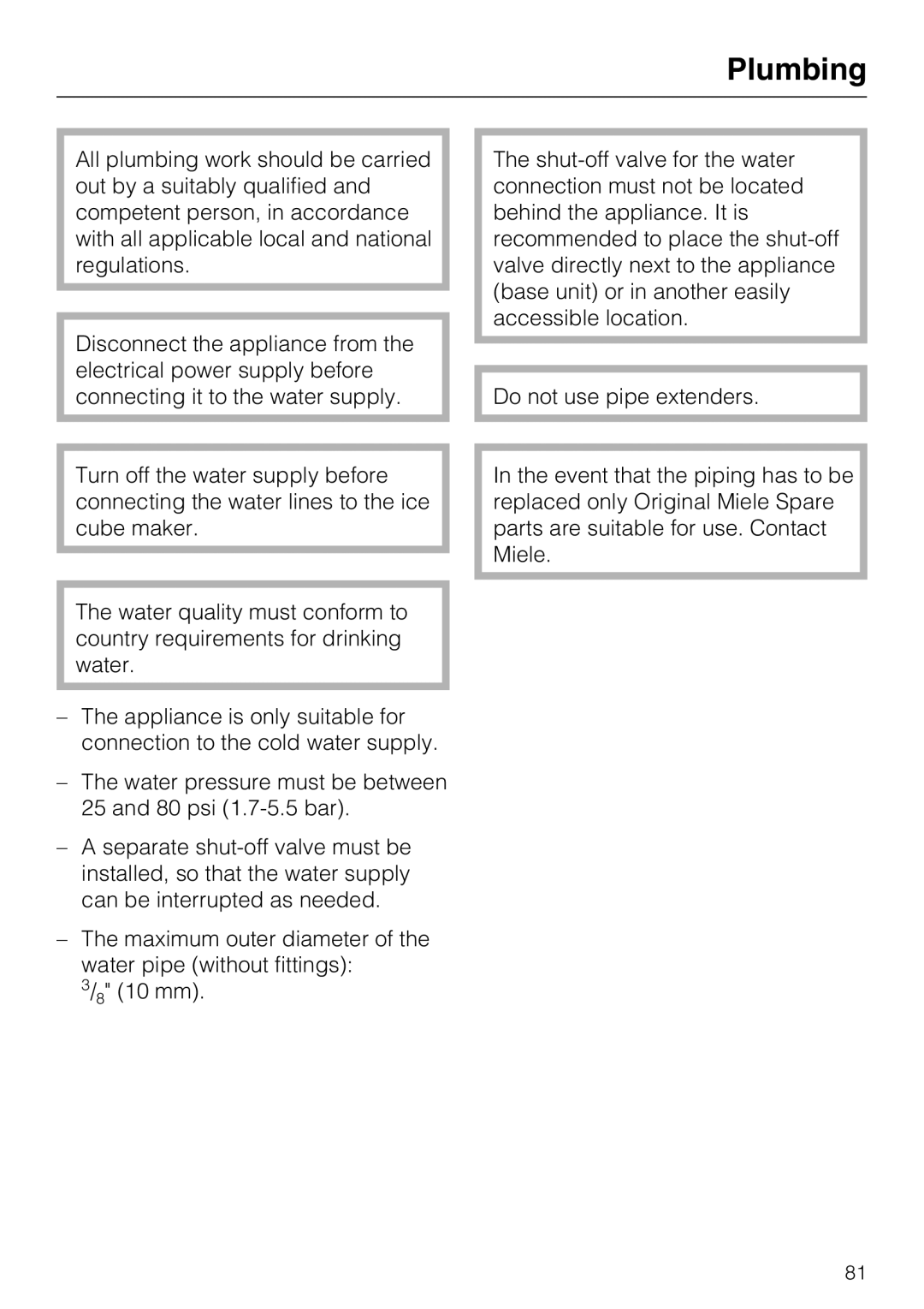 Miele F 1471 installation instructions Plumbing 