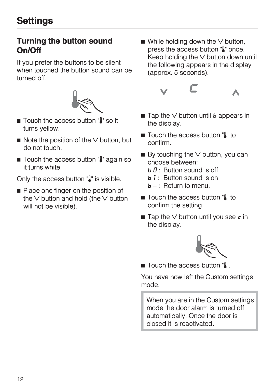 Miele F 1811 SF, F 1801 SF, F 1901 SF, F 1911 SF installation instructions Turning the button sound On/Off, Settings 