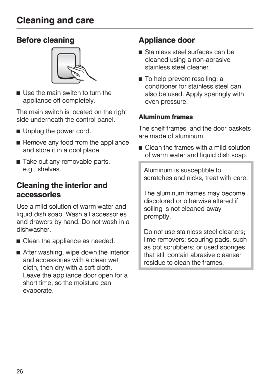 Miele F 1901 SF Before cleaning, Cleaning the interior and accessories, Appliance door, Cleaning and care, Aluminum frames 