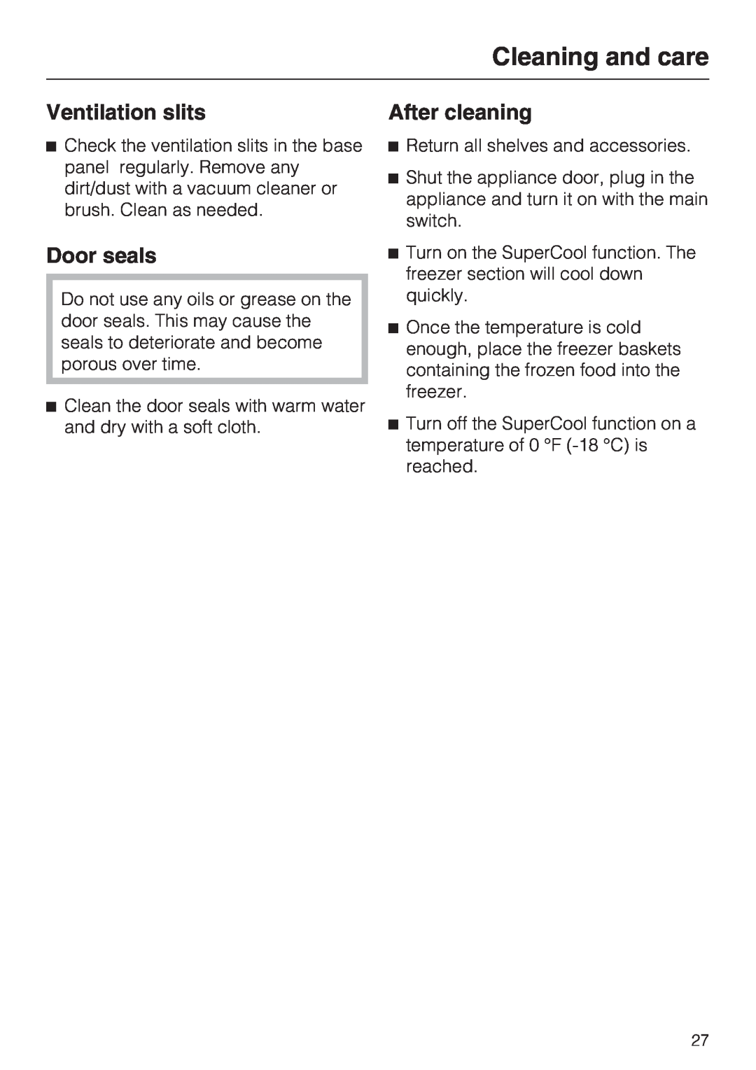 Miele F 1911 SF, F 1811 SF, F 1801 SF, F 1901 SF Ventilation slits, Door seals, After cleaning, Cleaning and care 