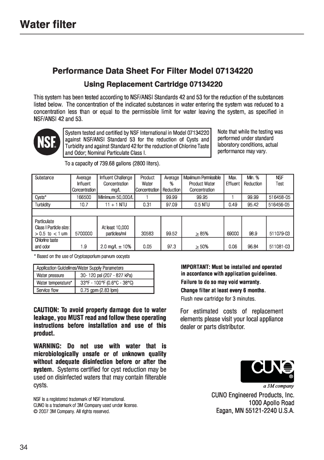 Miele F 1901 SF, F 1811 SF, F 1801 SF Water filter, Performance Data Sheet For Filter Model, Using Replacement Cartridge 