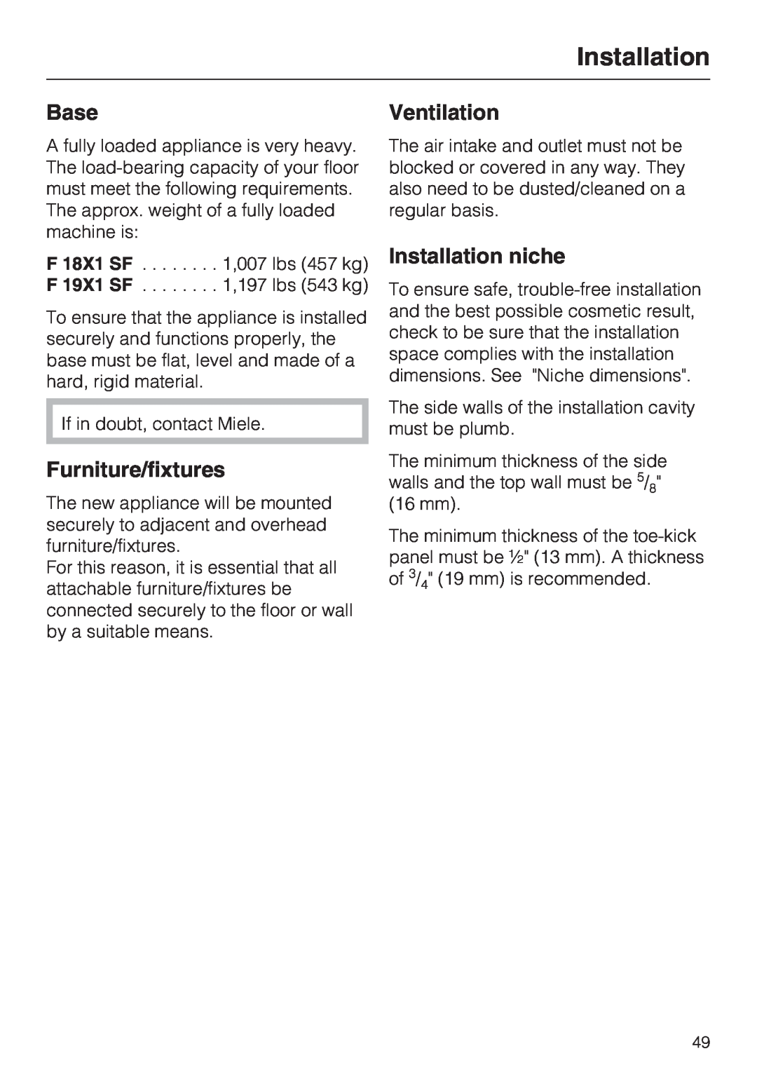 Miele F 1801 SF, F 1811 SF, F 1901 SF, F 1911 SF Base, Furniture/fixtures, Ventilation, Installation niche 