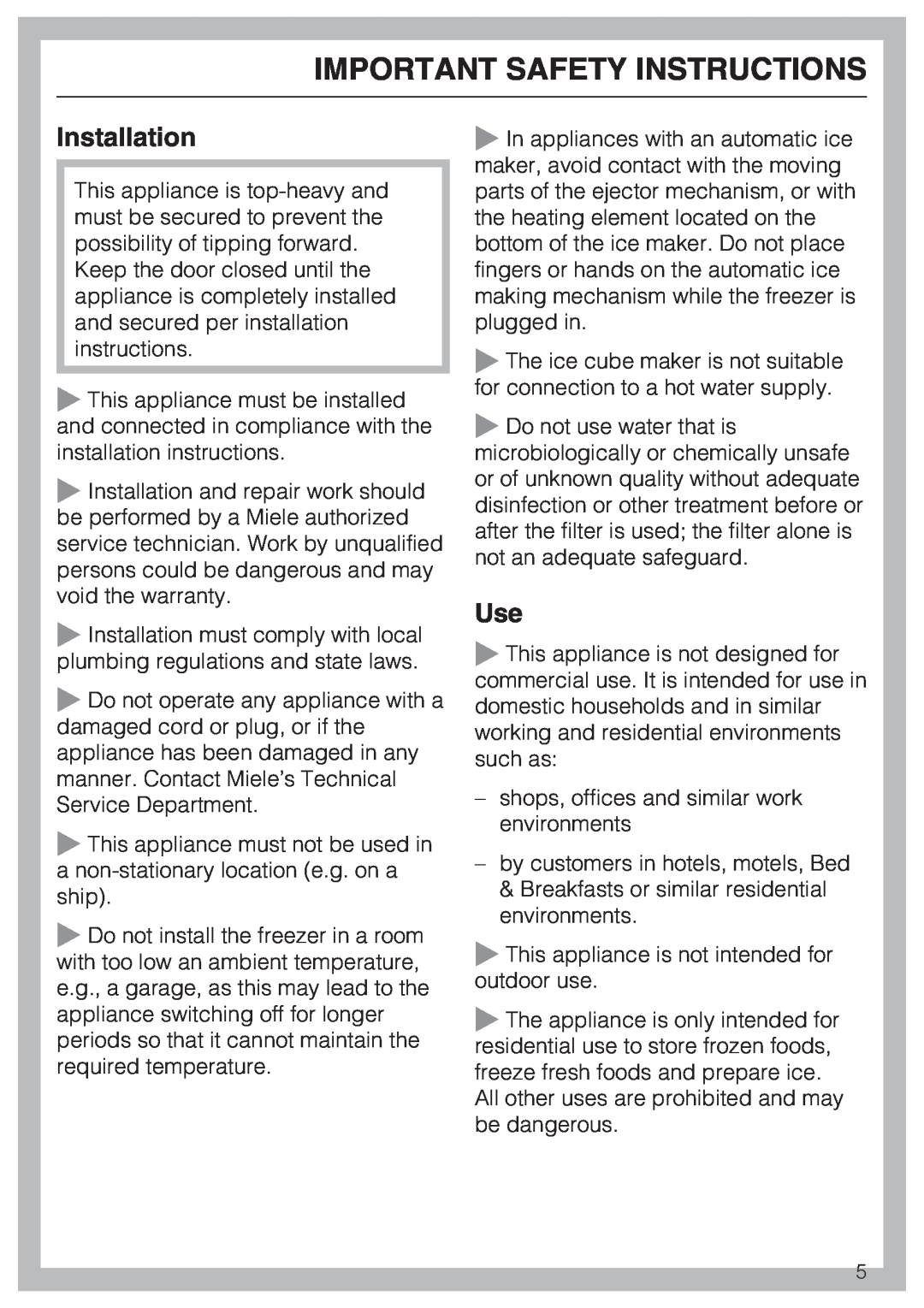 Miele F 1801 SF, F 1811 SF, F 1901 SF, F 1911 SF installation instructions Installation, Important Safety Instructions 