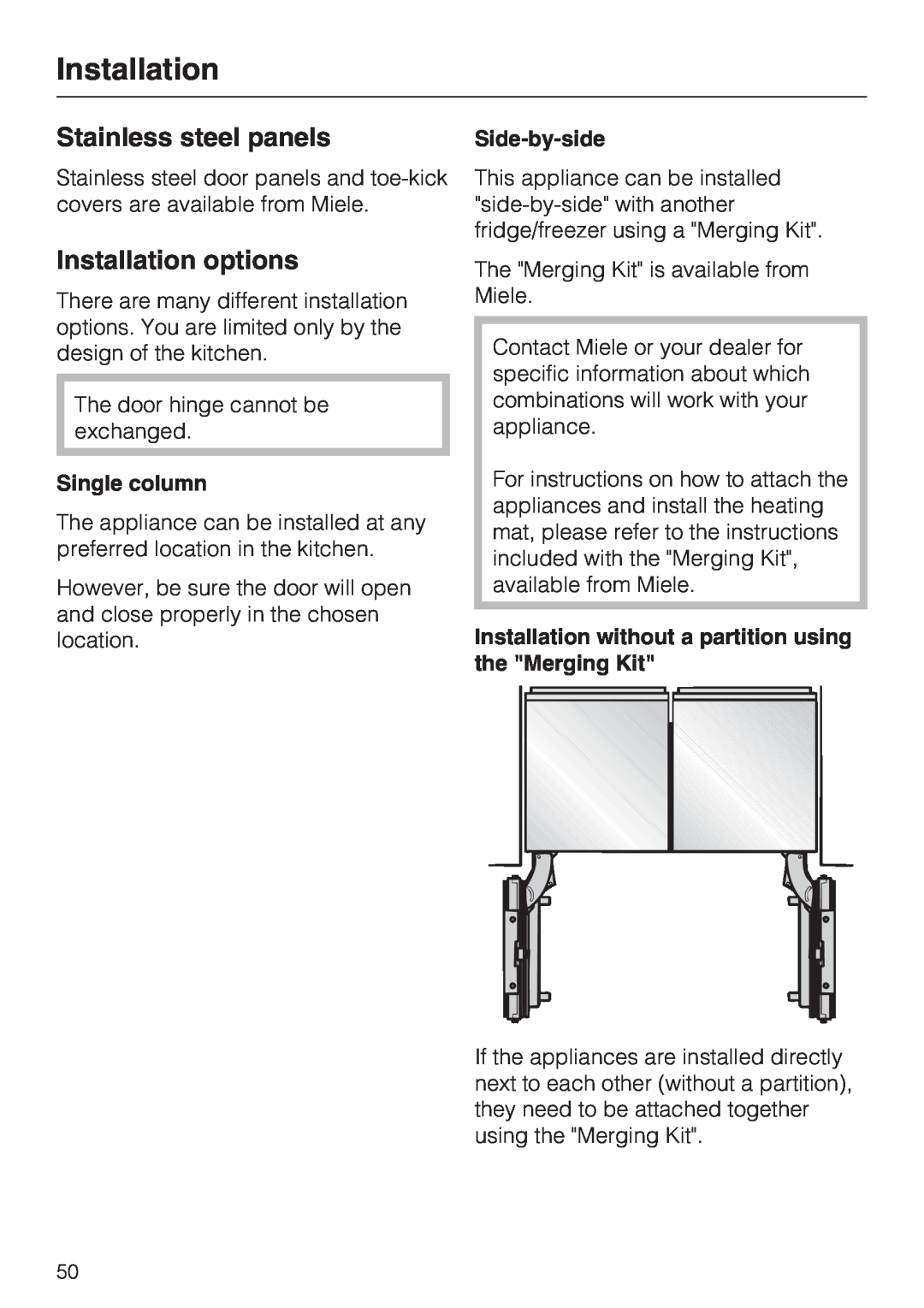 Miele F 1901 SF, F 1811 SF, F 1801 SF, F 1911 SF Stainless steel panels, Installation options, Single column, Side-by-side 