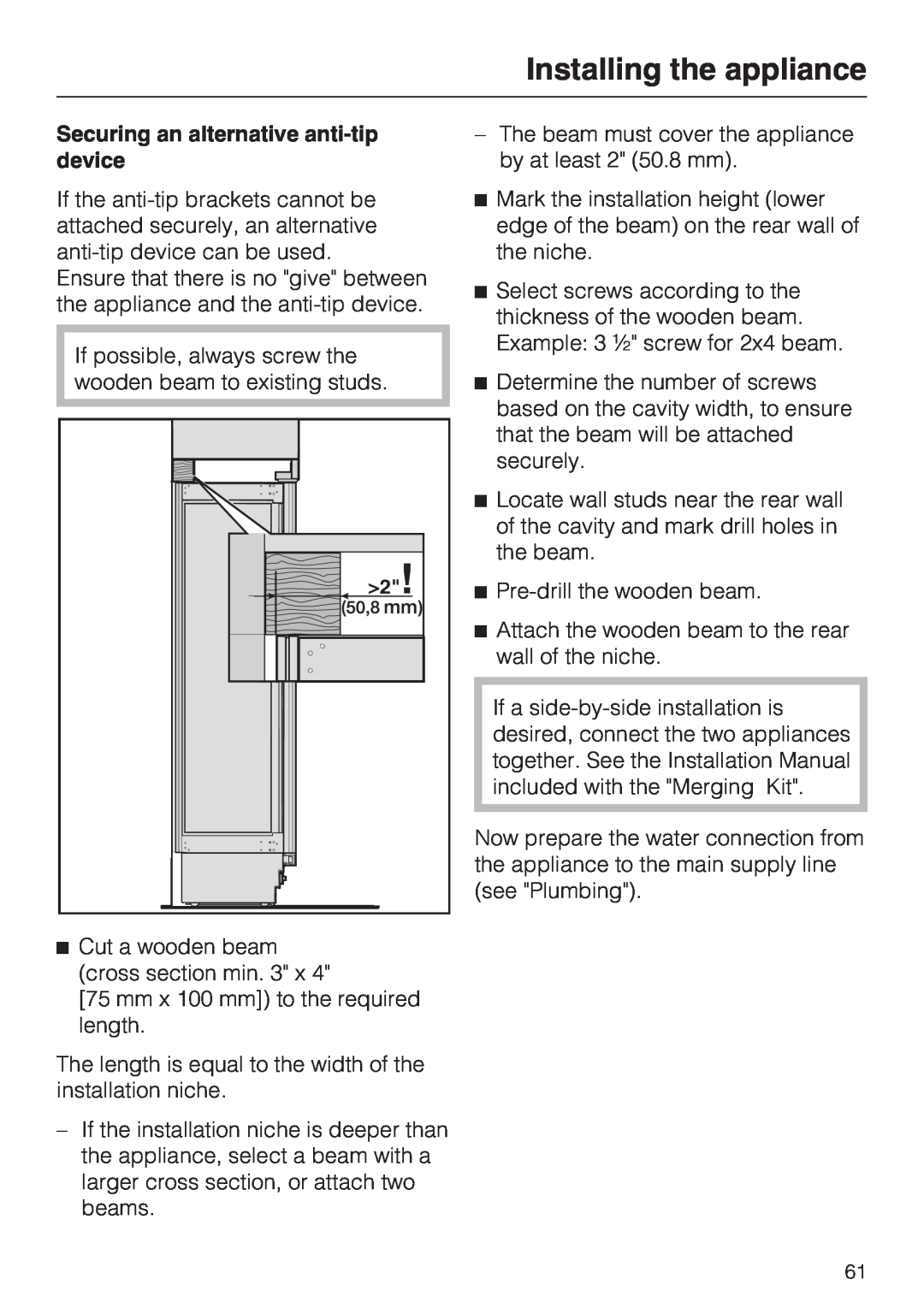 Miele F 1801 SF, F 1811 SF, F 1901 SF, F 1911 SF Installing the appliance, Securing an alternative anti-tipdevice 