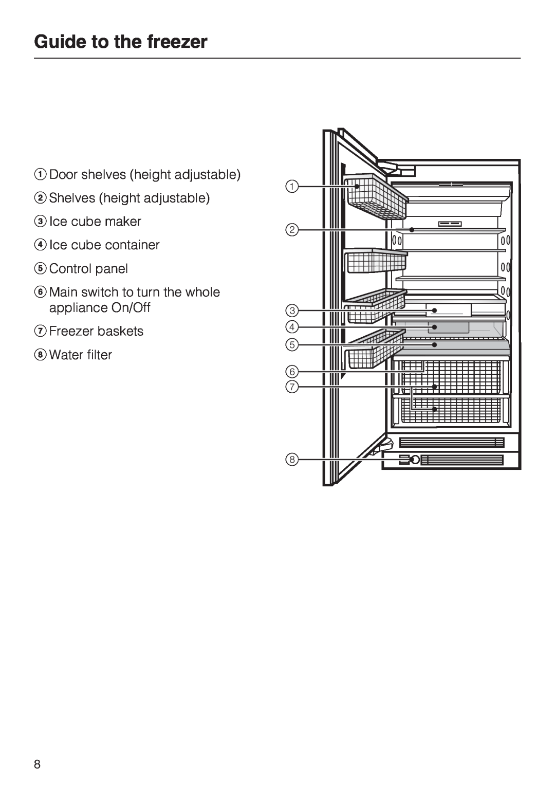 Miele F 1811 SF, F 1801 SF Guide to the freezer, Door shelves height adjustable, Shelves height adjustable Ice cube maker 