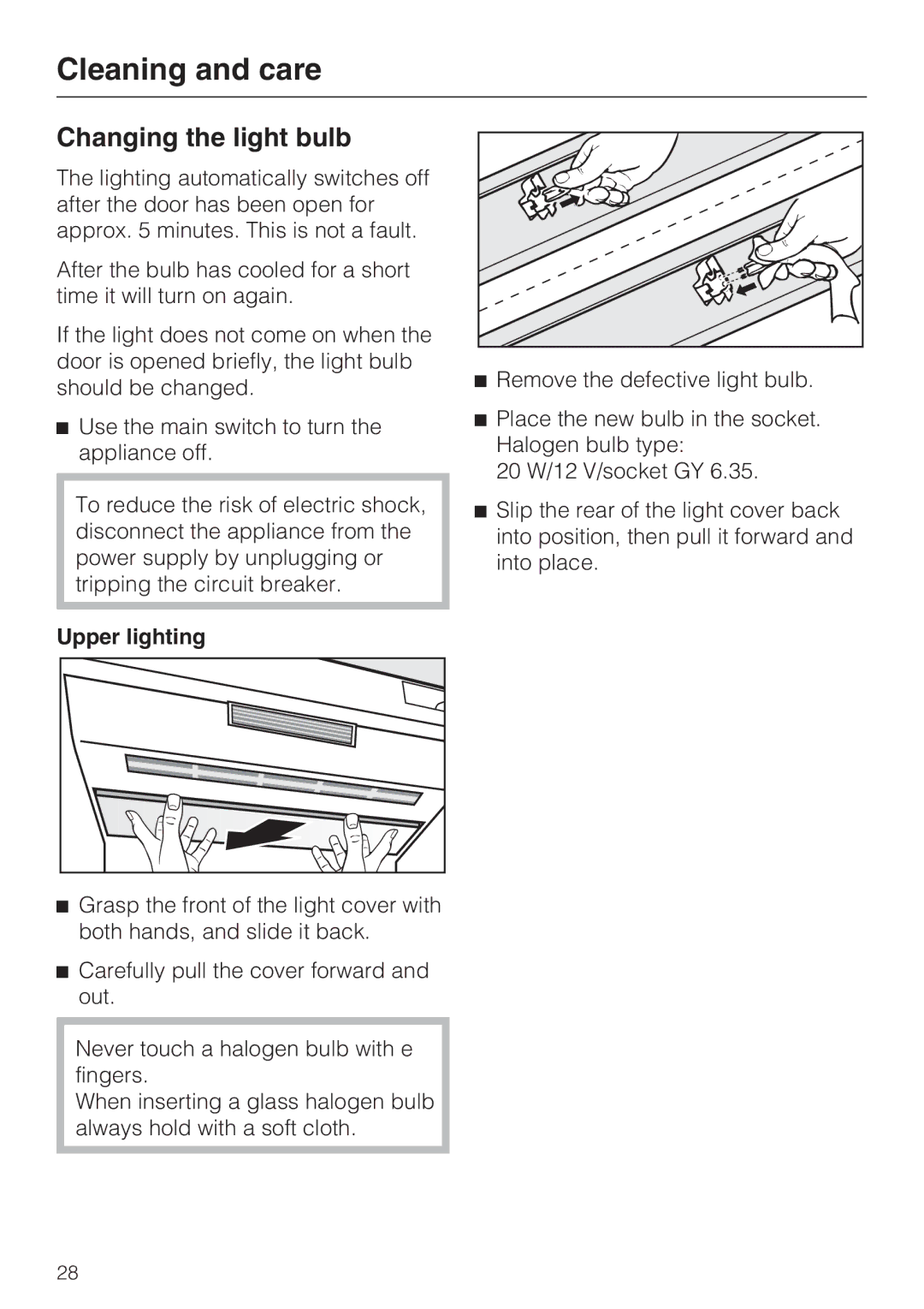 Miele F 1801 Vi, F 1811 Vi F 1901 Vi, F 1911 Vi installation instructions Changing the light bulb, Upper lighting 