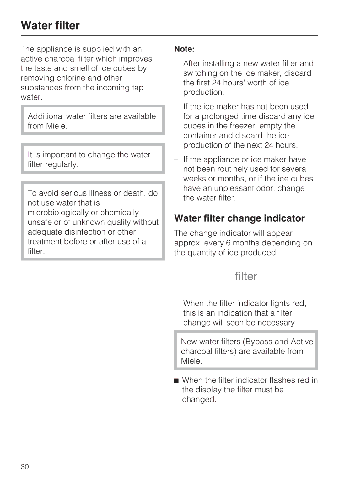 Miele F 1811 Vi F 1901 Vi, F 1801 Vi, F 1911 Vi installation instructions Water filter change indicator 