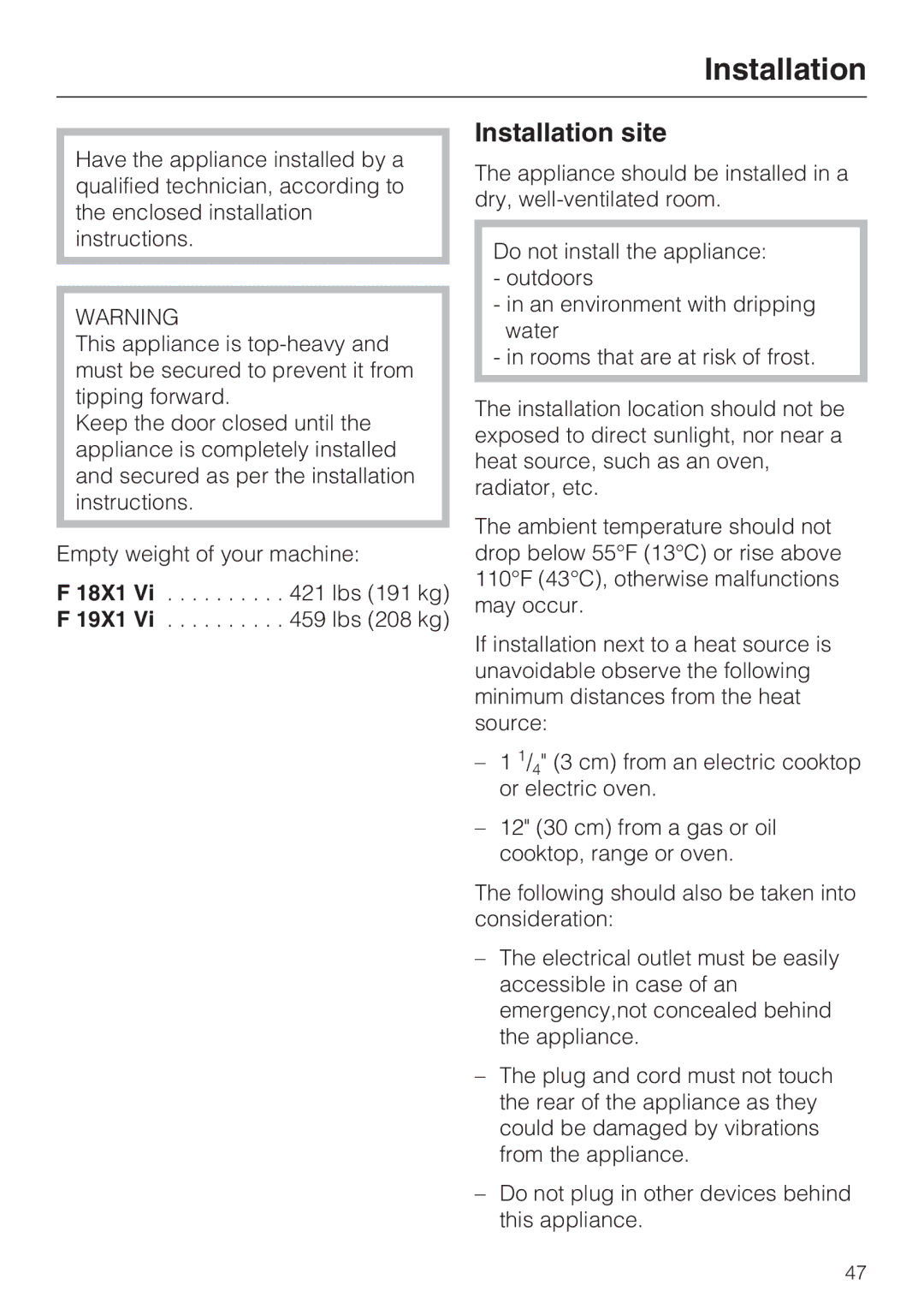 Miele F 1911 Vi, F 1811 Vi F 1901 Vi, F 1801 Vi installation instructions Installation site 