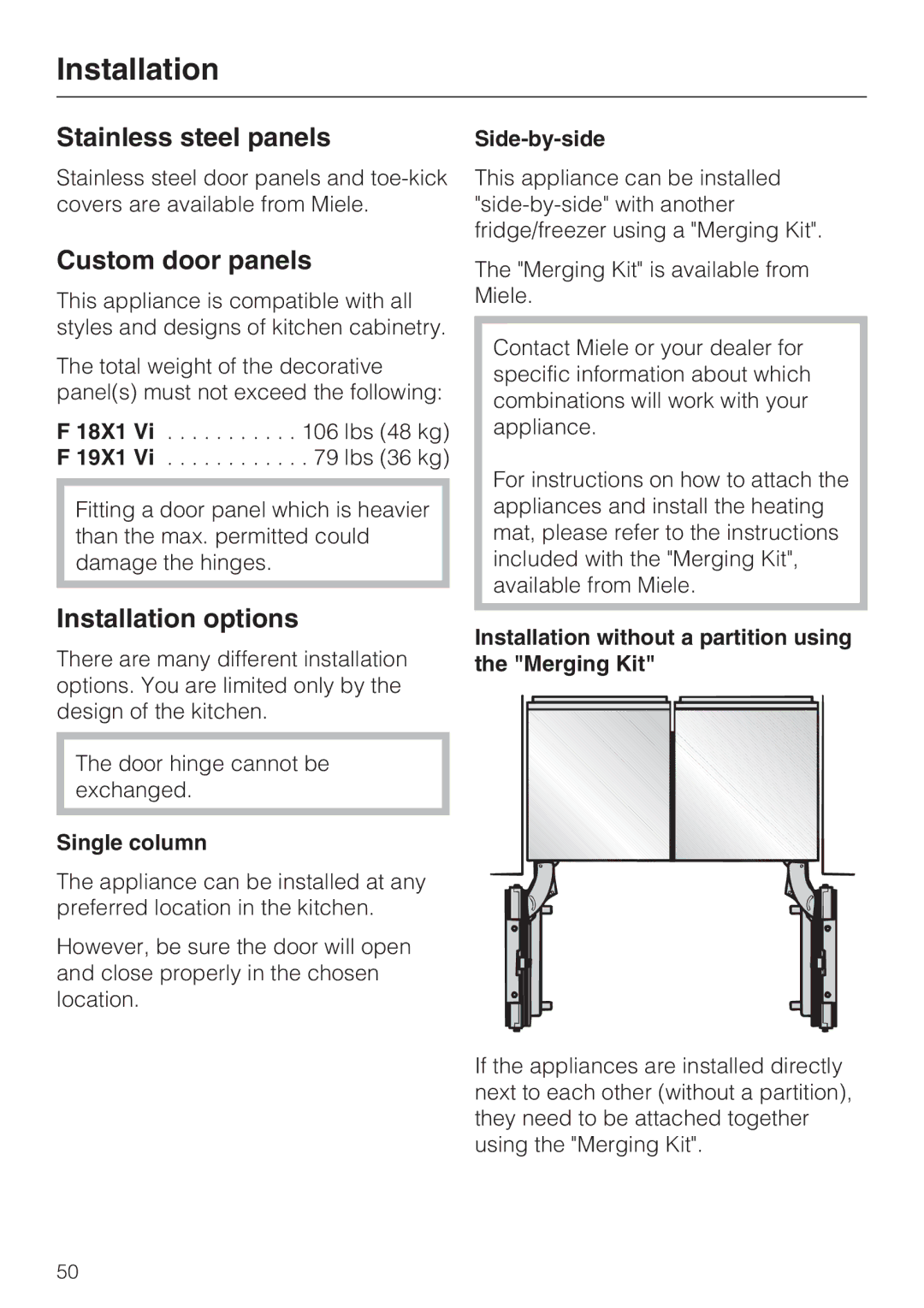 Miele F 1911 Vi, F 1811 Vi F 1901 Vi, F 1801 Vi Stainless steel panels, Custom door panels, Installation options 