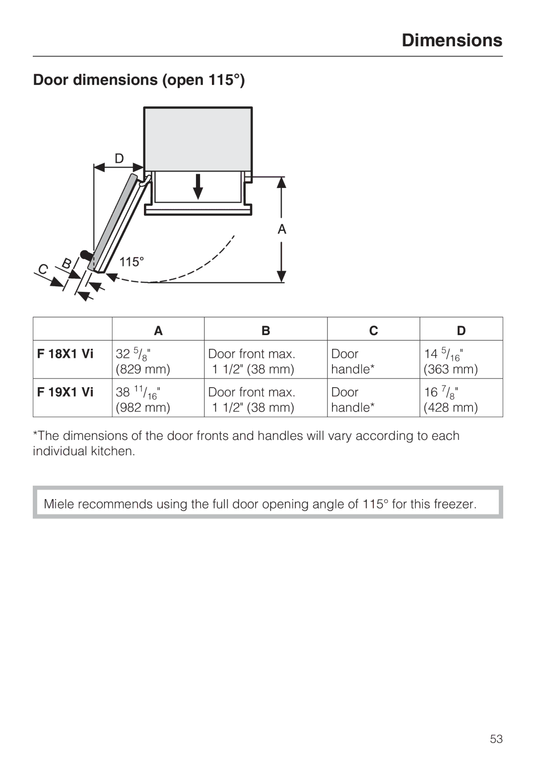 Miele F 1911 Vi, F 1811 Vi F 1901 Vi, F 1801 Vi installation instructions Dimensions, Door dimensions open, 18X1, 19X1 