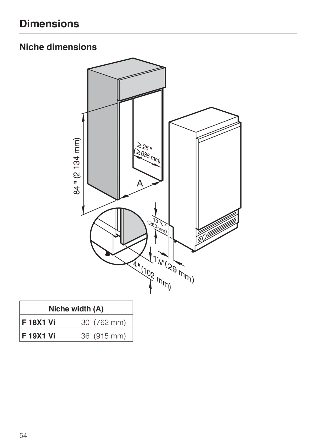 Miele F 1811 Vi F 1901 Vi, F 1801 Vi, F 1911 Vi Niche dimensions, Niche width a 18X1 30 762 mm 19X1 36 915 mm 