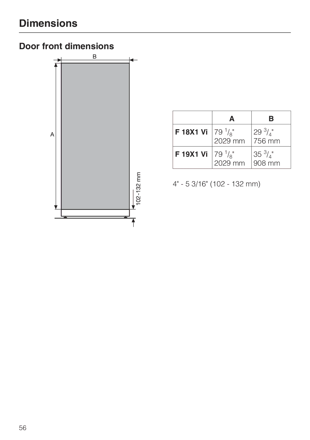 Miele F 1911 Vi, F 1811 Vi F 1901 Vi, F 1801 Vi installation instructions Door front dimensions 