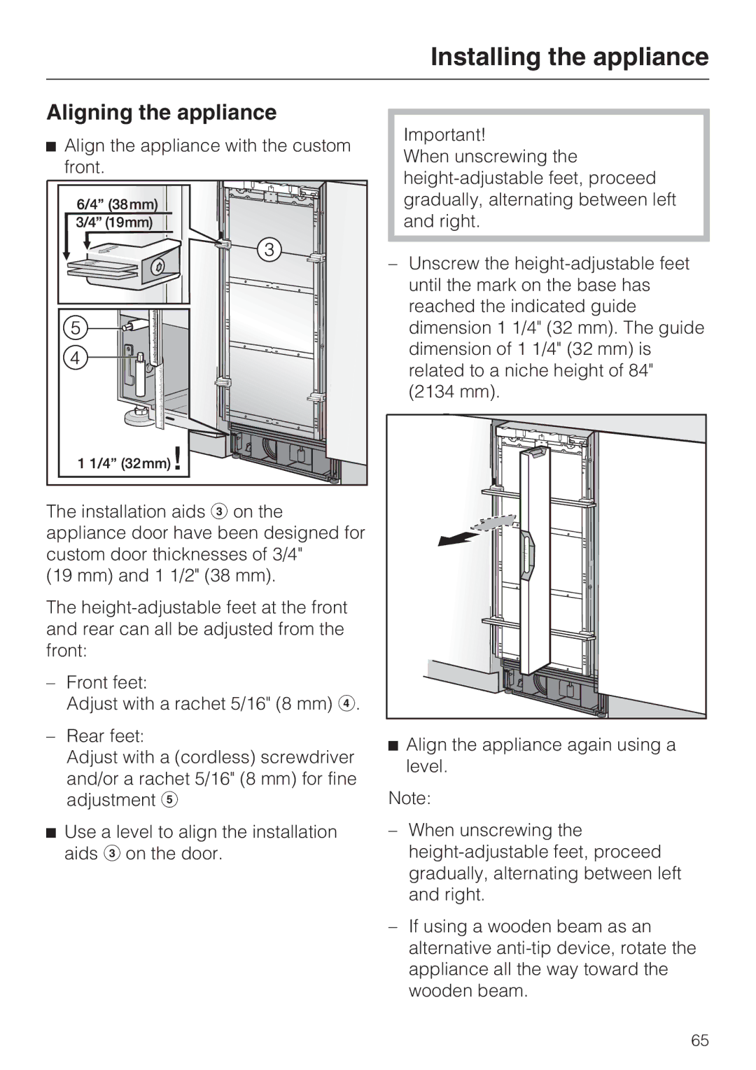 Miele F 1911 Vi, F 1811 Vi F 1901 Vi, F 1801 Vi installation instructions Aligning the appliance 