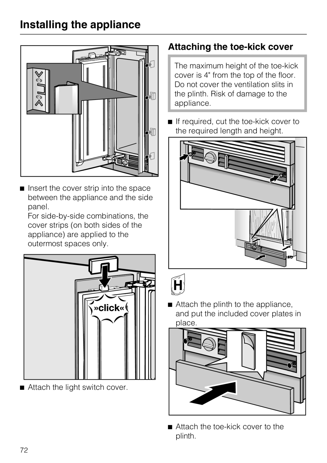 Miele F 1811 Vi F 1901 Vi, F 1801 Vi, F 1911 Vi installation instructions Attaching the toe-kick cover 