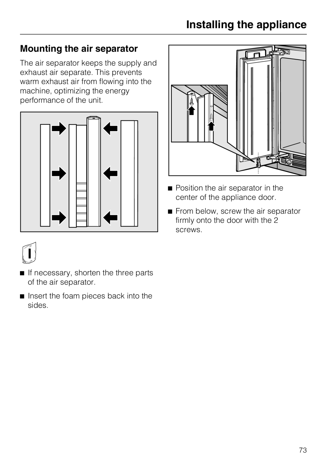 Miele F 1801 Vi, F 1811 Vi F 1901 Vi, F 1911 Vi installation instructions Mounting the air separator 