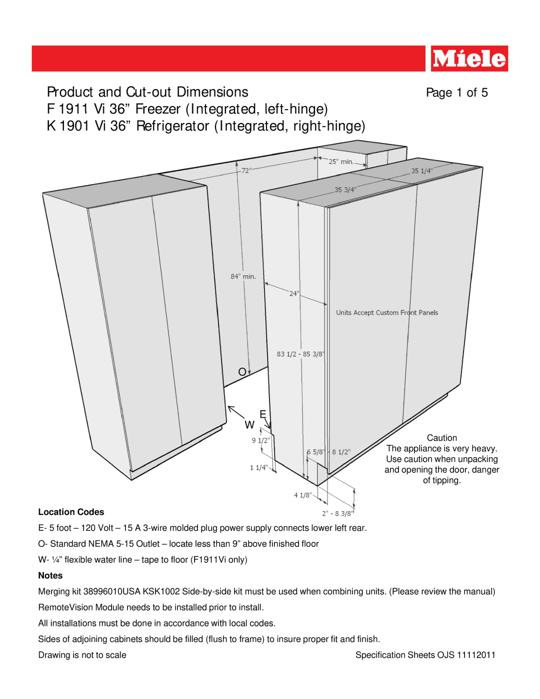 Miele K 1901 VI 36, F 1911 VI 36 dimensions Location Codes 