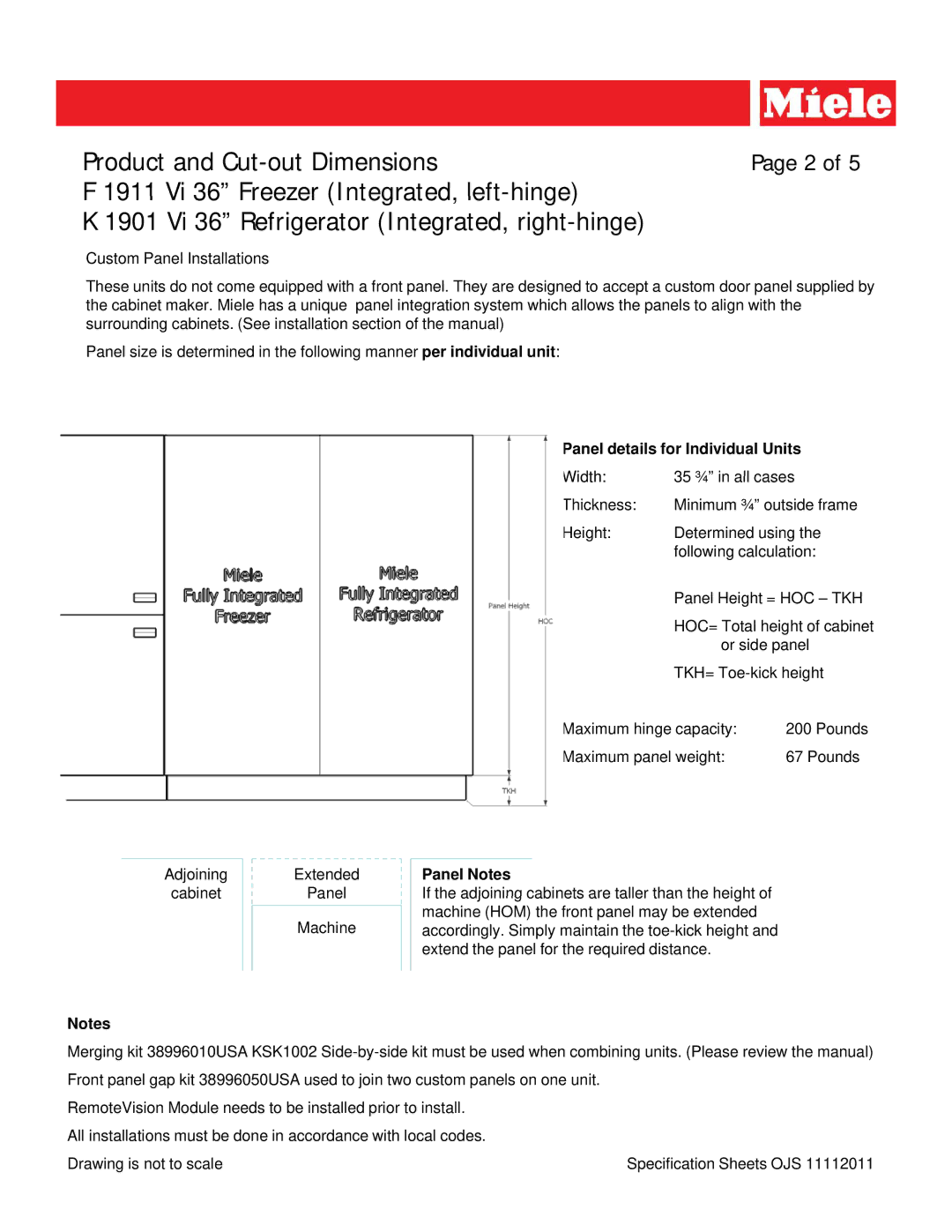 Miele F 1911 VI 36, K 1901 VI 36 dimensions Panel details for Individual Units, Panel Notes 