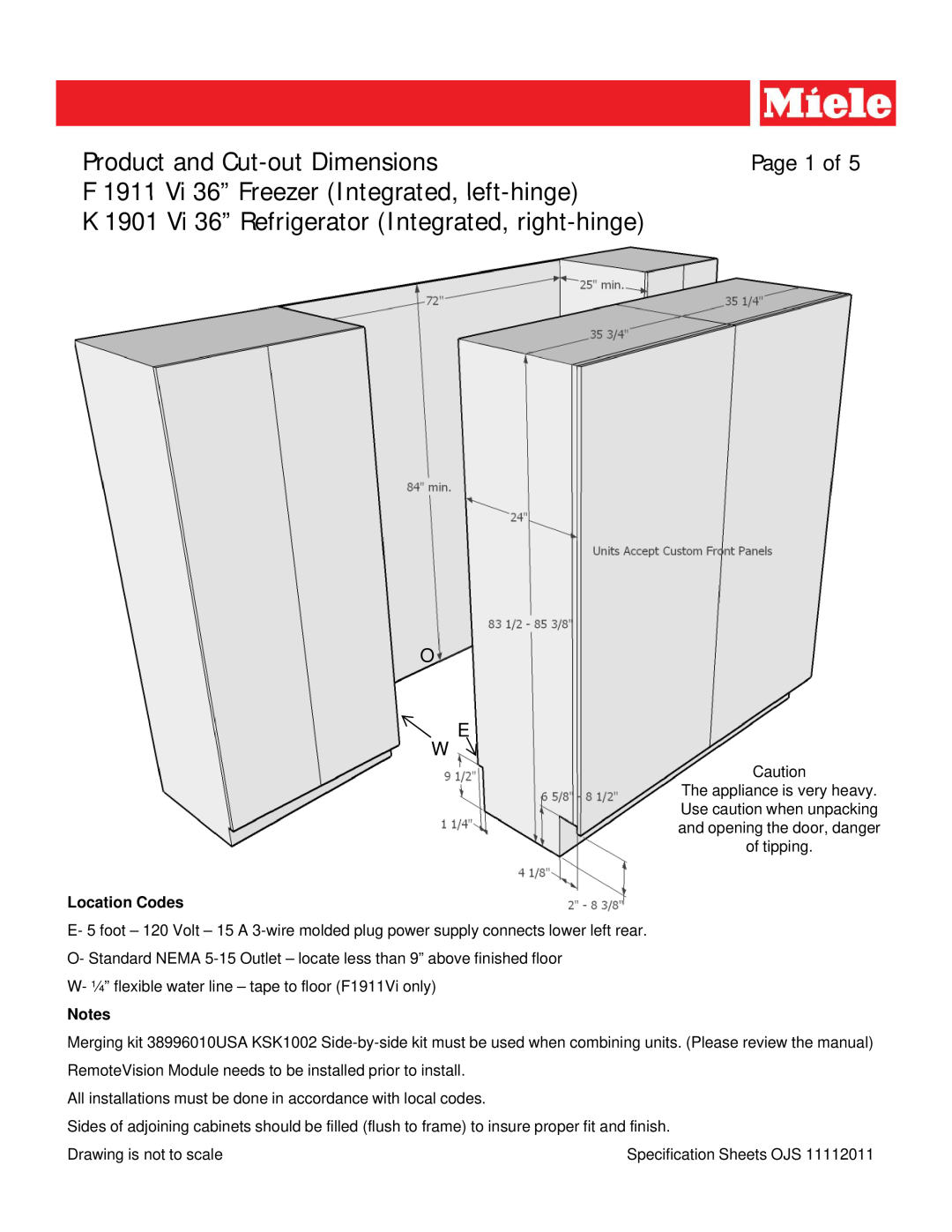 Miele K 1901 VI 36 dimensions Product and Cut-outDimensions, F 1911 Vi 36” Freezer Integrated, left-hinge, Page 1 of 