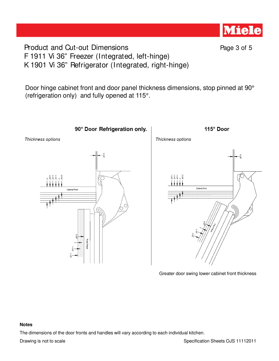 Miele K 1901 VI 36 dimensions Page 3 of, Greater door swing lower cabinet front thickness, Product and Cut-outDimensions 