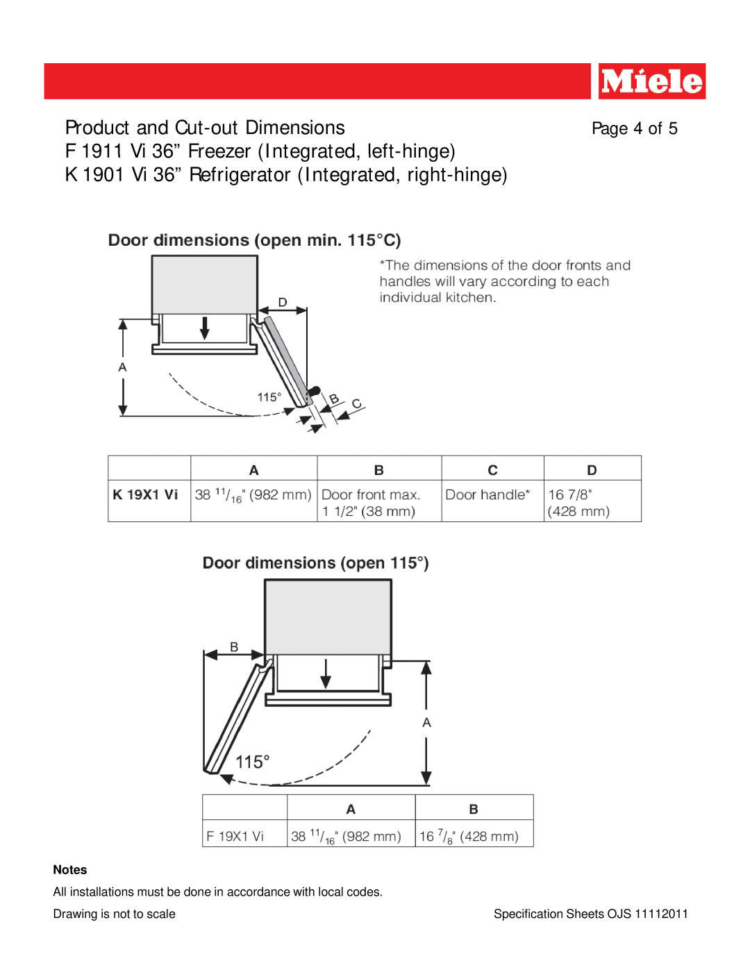 Miele F 1911 VI 36, K 1901 VI 36 Page 4 of, Product and Cut-outDimensions, F 1911 Vi 36” Freezer Integrated, left-hinge 