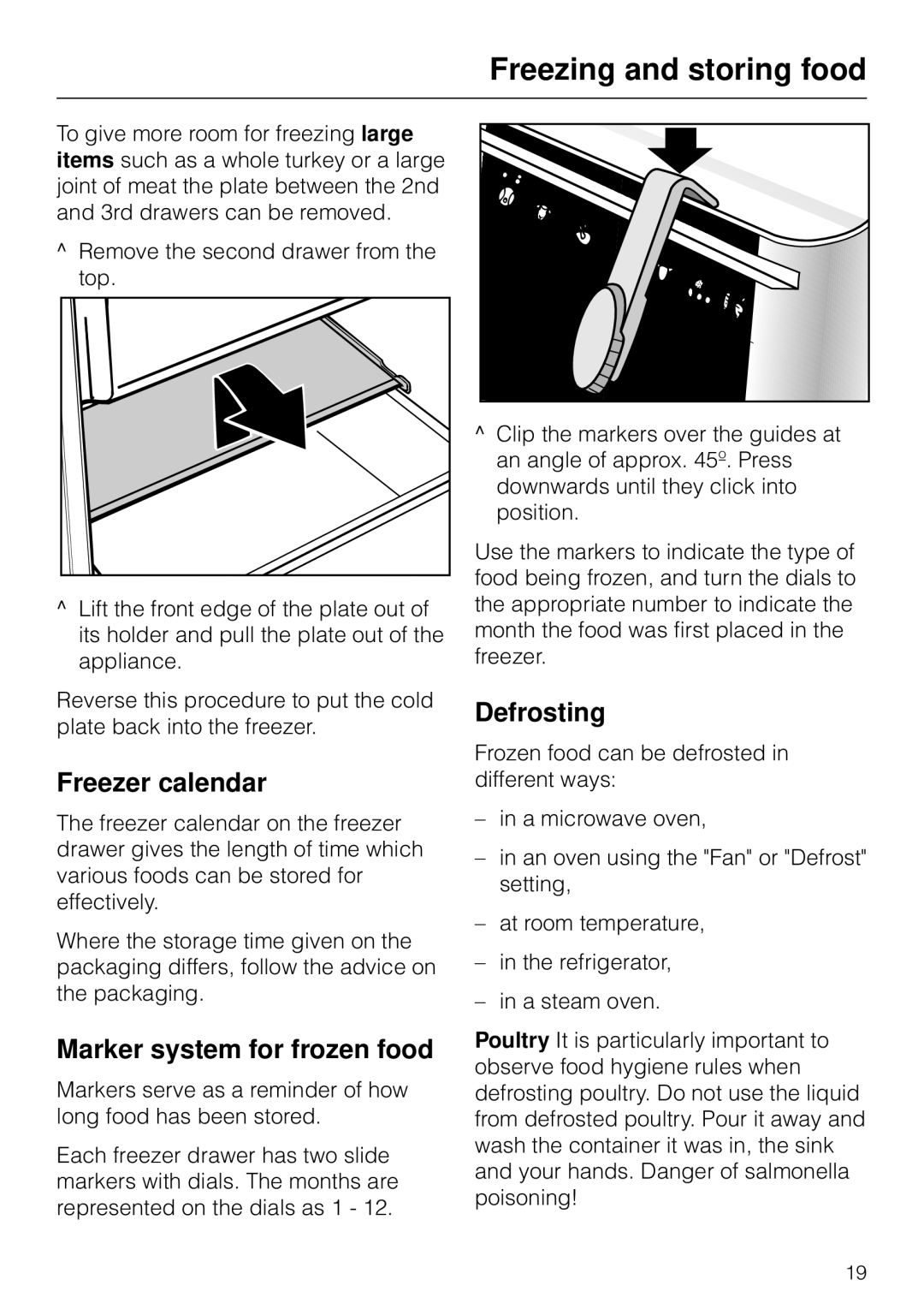 Miele F 311 i-6 installation instructions Freezer calendar, Marker system for frozen food, Defrosting 