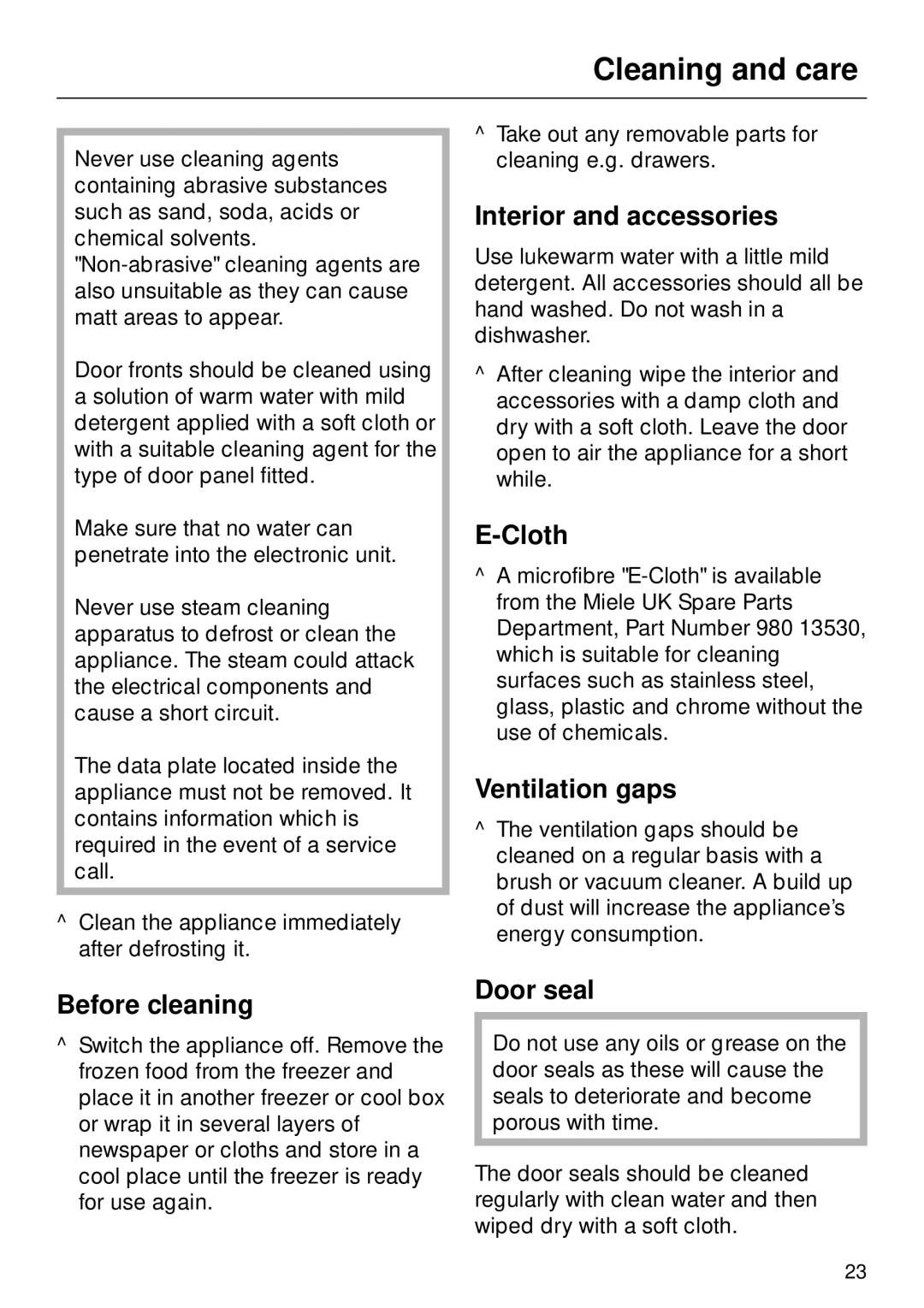 Miele F 311 i-6 installation instructions Cleaning and care 