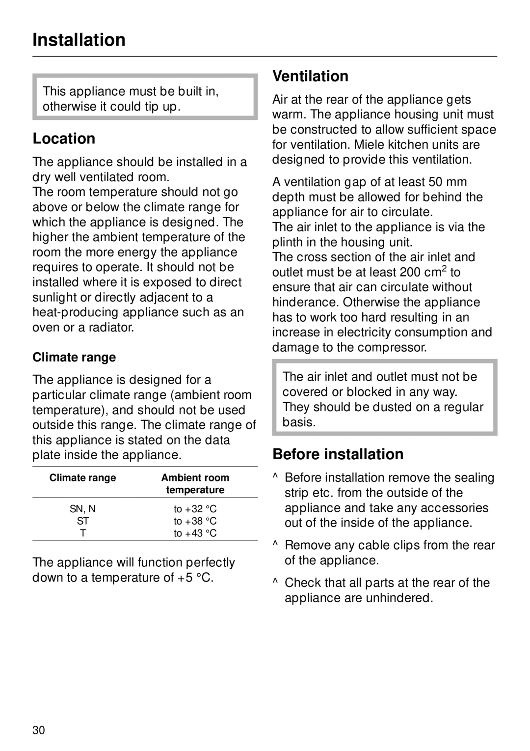 Miele F 311 i-6 installation instructions Installation, Location, Ventilation, Before installation, Climate range 