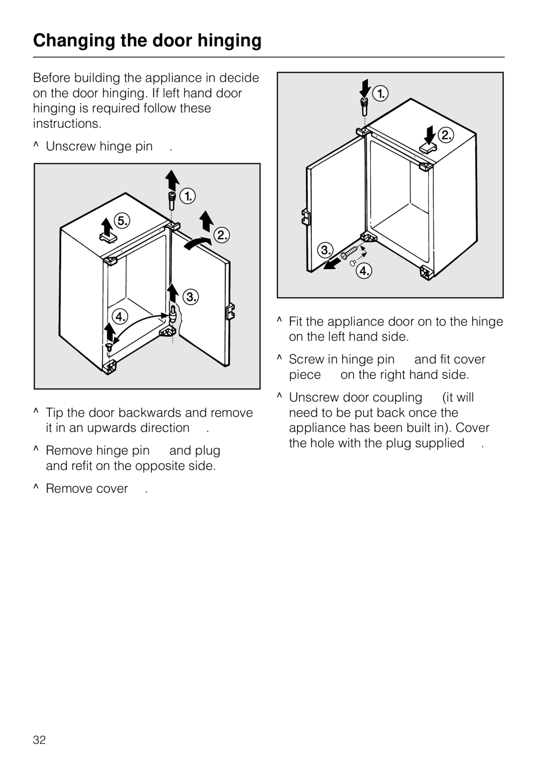 Miele F 311 i-6 installation instructions Changing the door hinging 