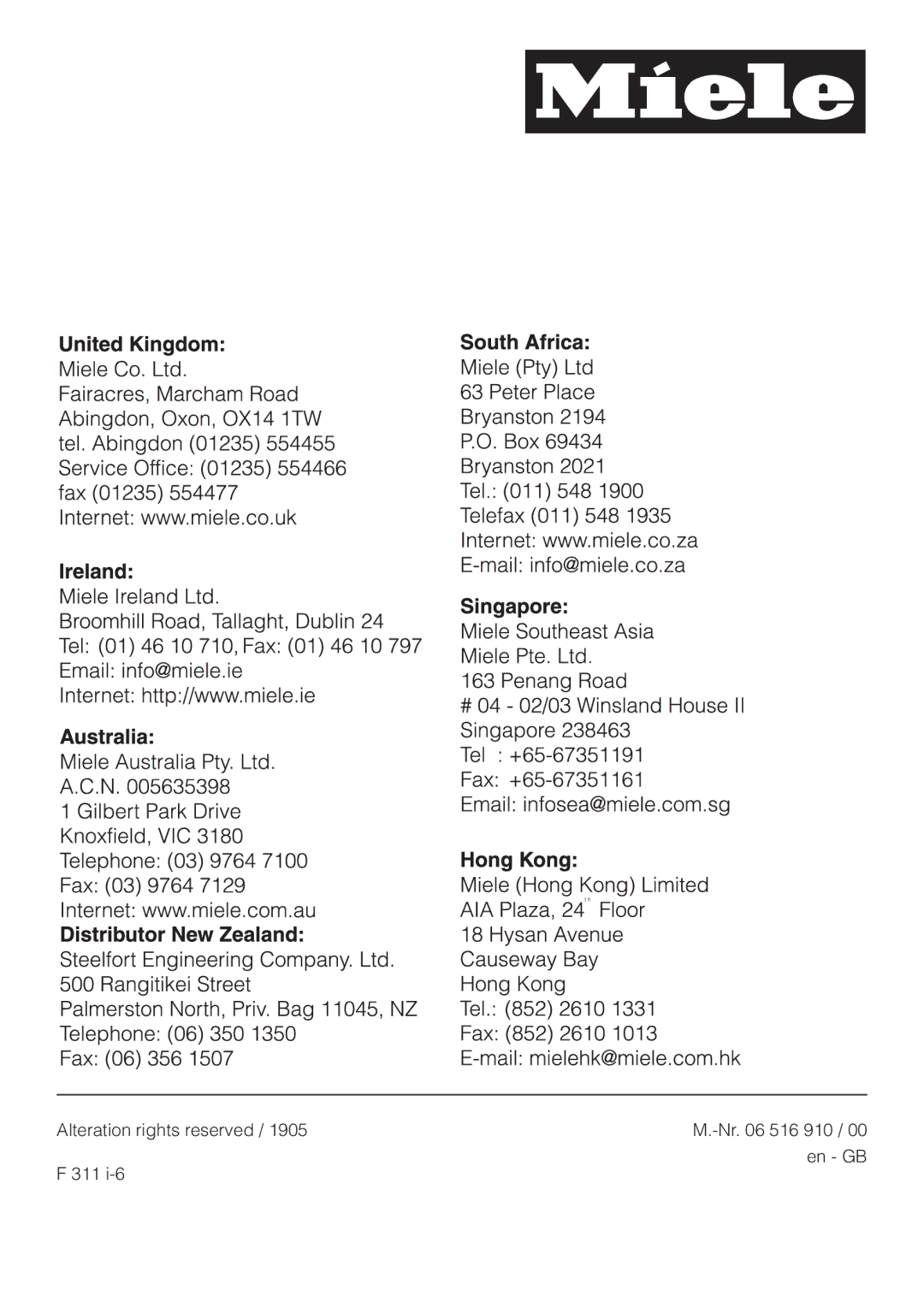 Miele F 311 i-6 installation instructions Alteration rights reserved 