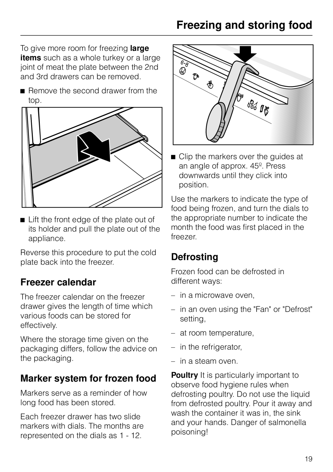 Miele F 311 i-6 Freezer calendar, Marker system for frozen food, Defrosting, Freezing and storing food 