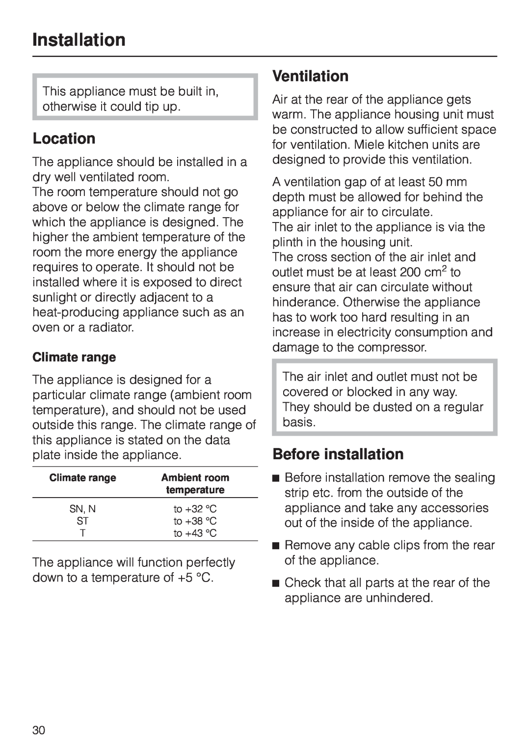 Miele F 311 i-6 installation instructions Installation, Location, Ventilation, Before installation, Climate range 