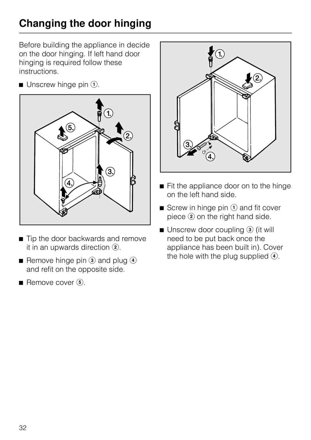 Miele F 311 i-6 installation instructions Changing the door hinging 