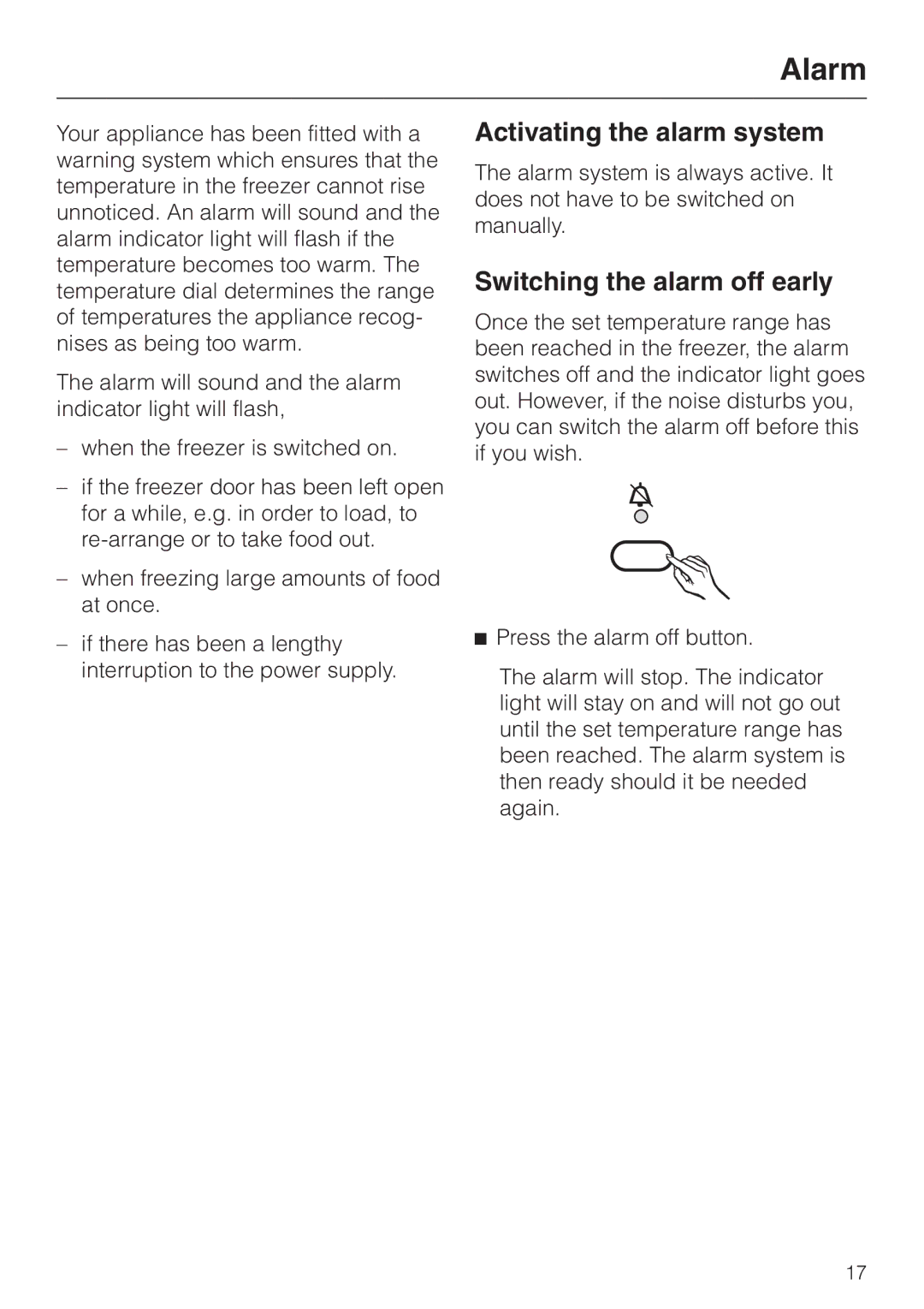 Miele F 456 i-3 installation instructions Alarm, Activating the alarm system, Switching the alarm off early 