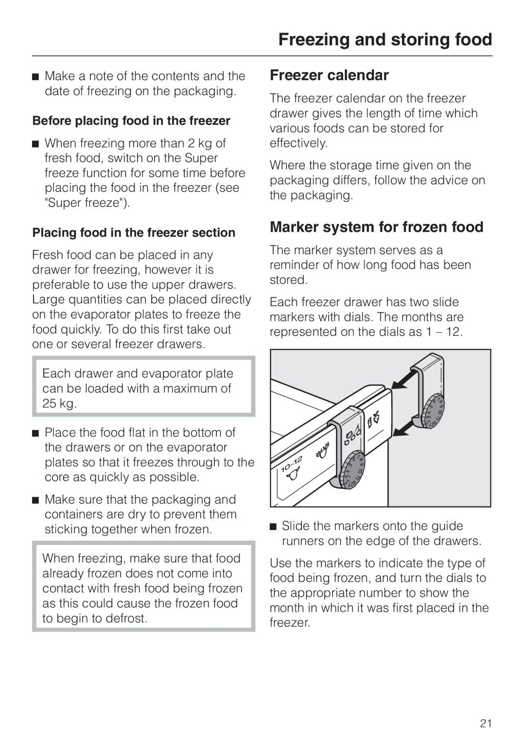 Miele F 456 i-3 Freezer calendar, Marker system for frozen food, Before placing food in the freezer 