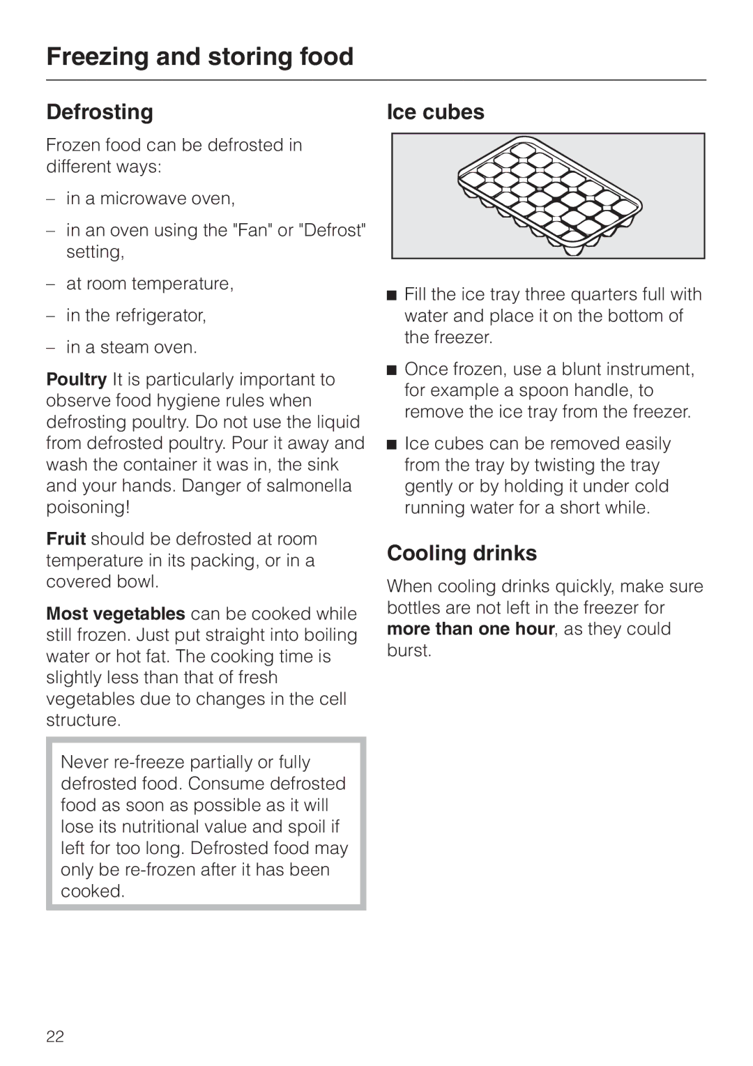 Miele F 456 i-3 installation instructions Defrosting, Ice cubes, Cooling drinks 