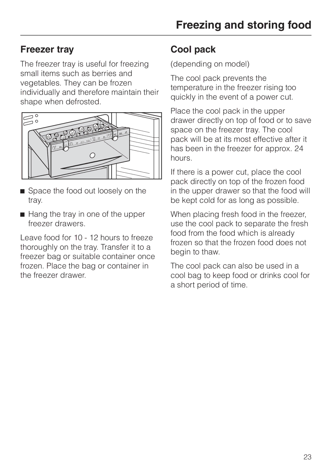 Miele F 456 i-3 installation instructions Freezer tray, Cool pack 