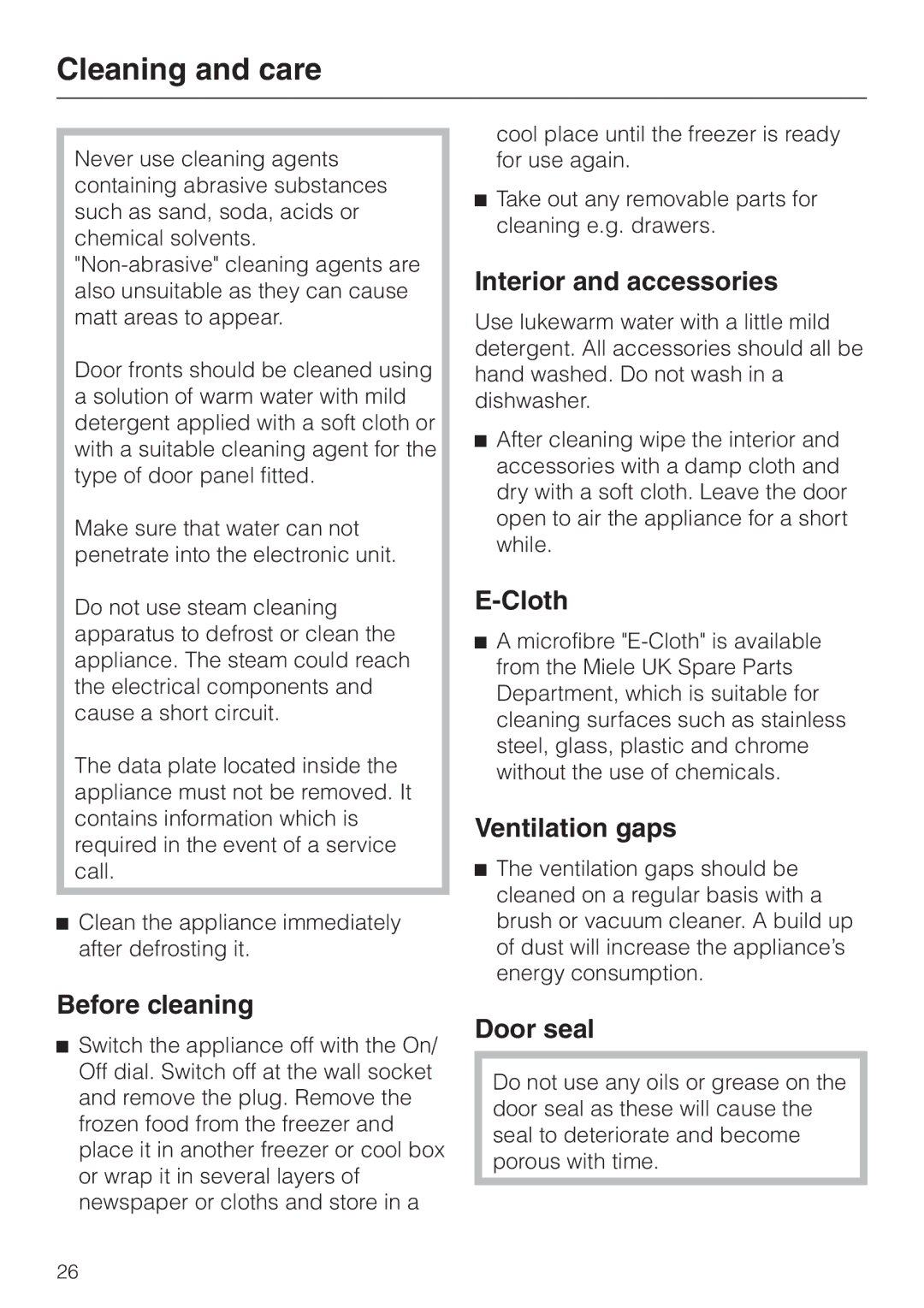 Miele F 456 i-3 installation instructions Cleaning and care 