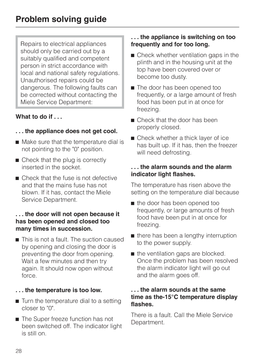 Miele F 456 i-3 Problem solving guide, What to do if Appliance does not get cool, Temperature is too low 