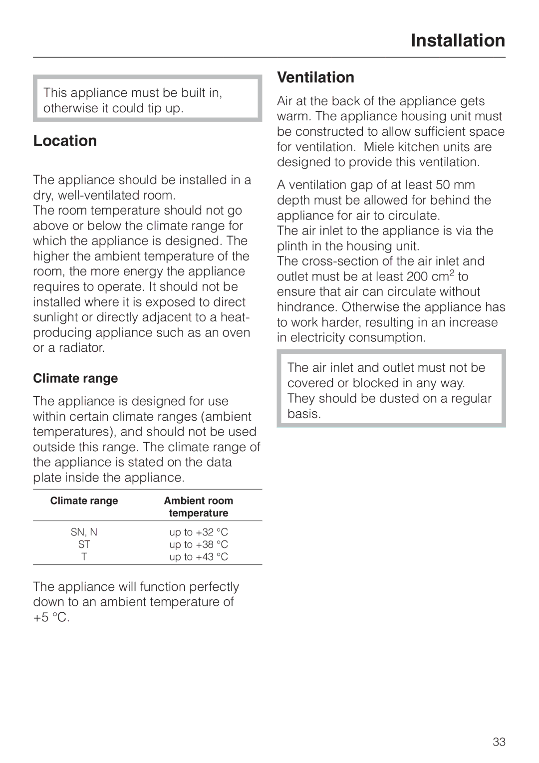 Miele F 456 i-3 installation instructions Installation, Location, Ventilation, Climate range 