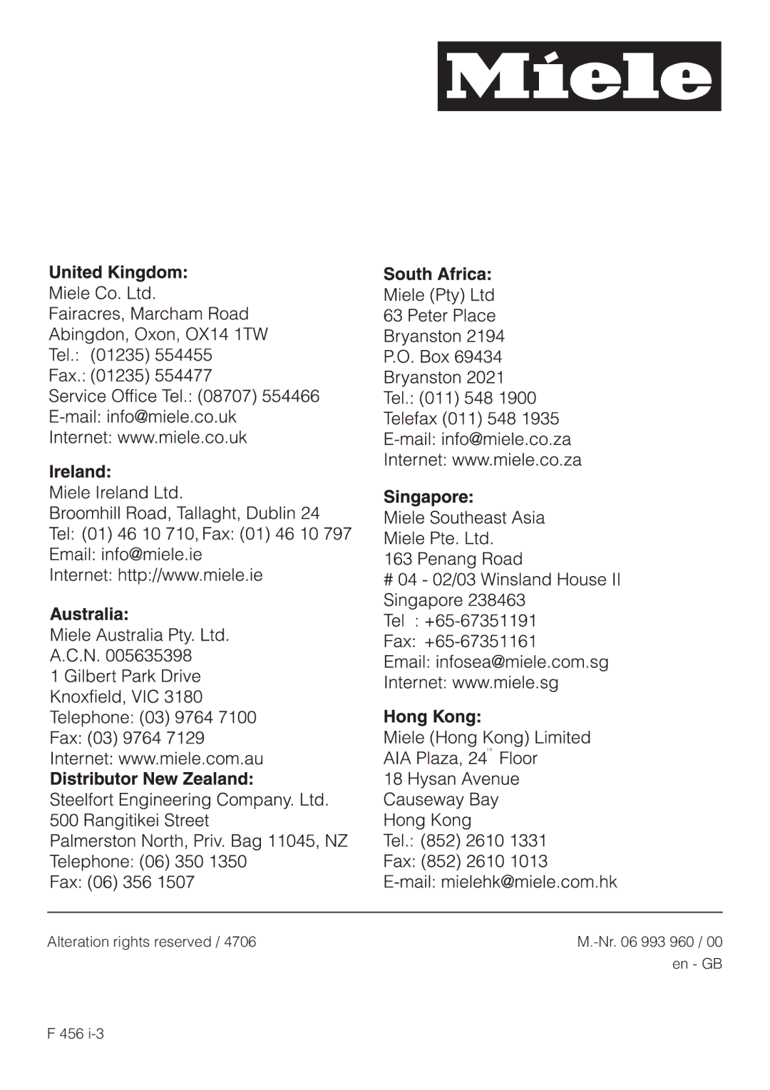 Miele F 456 i-3 installation instructions Alteration rights reserved 