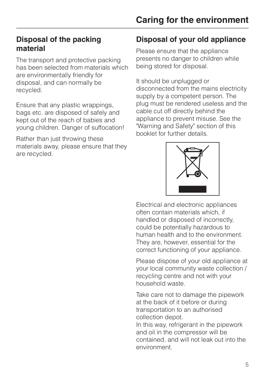 Miele F 456 i-3 Caring for the environment, Disposal of the packing material, Disposal of your old appliance 