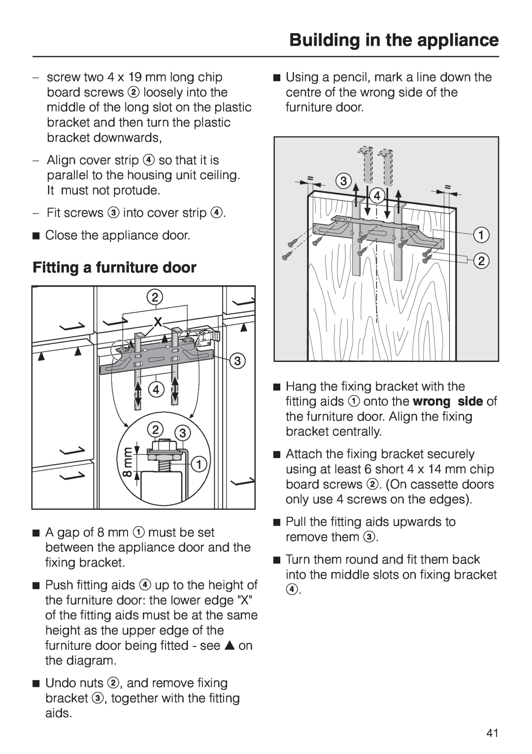 Miele F 456 i-3 installation instructions Fitting a furniture door, Building in the appliance 