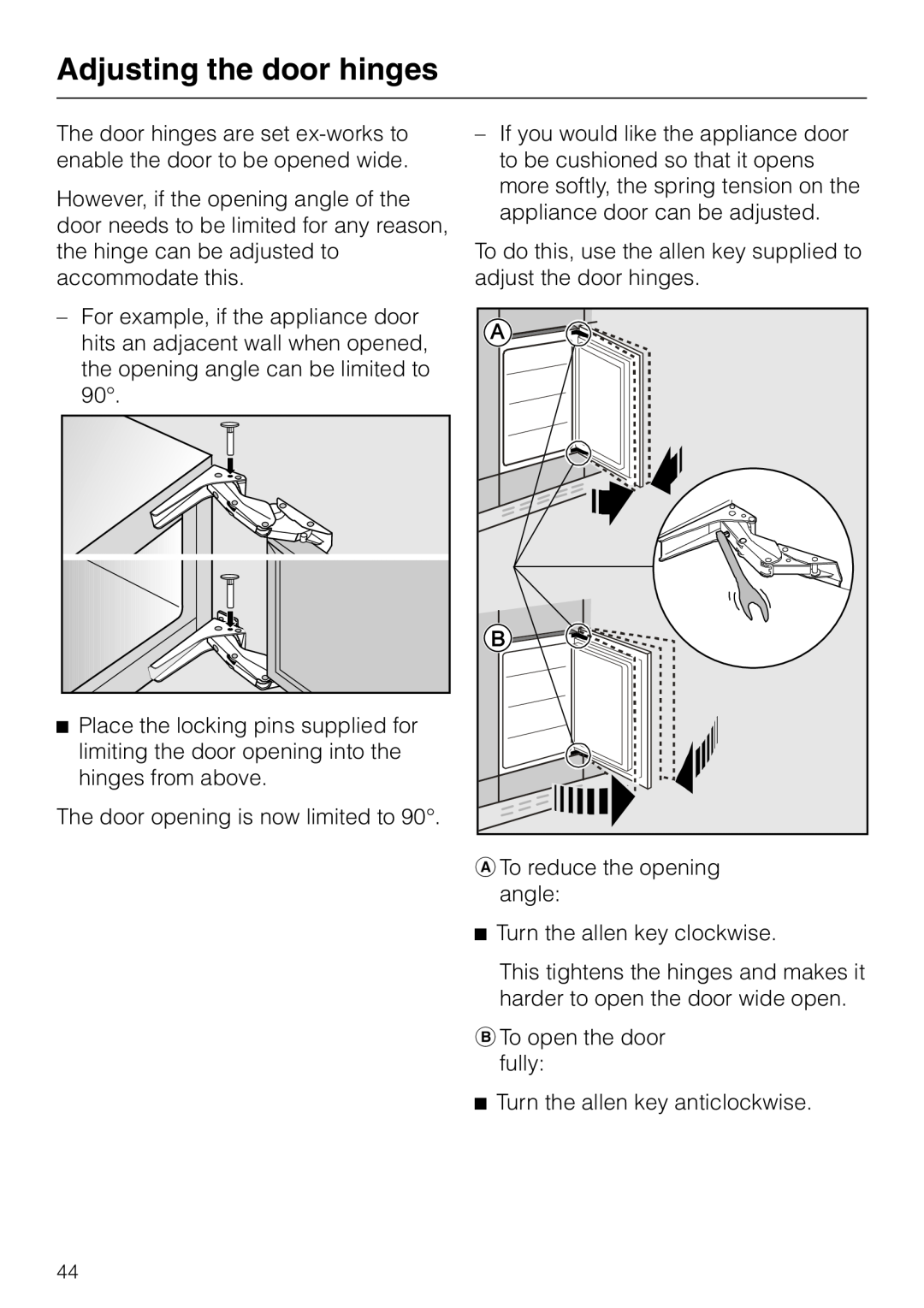 Miele F 456 i-3 installation instructions Adjusting the door hinges 
