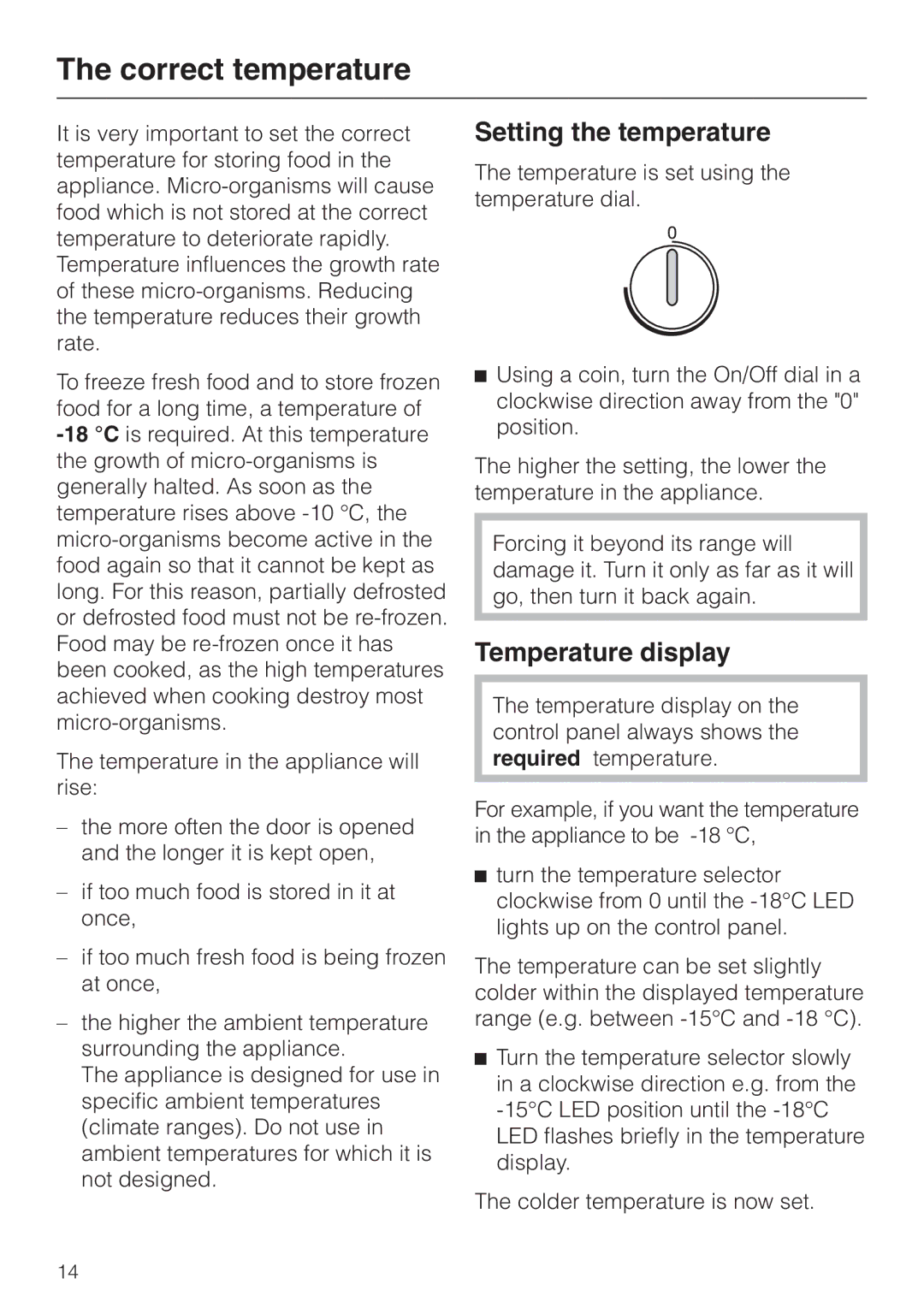 Miele F 9212 I installation instructions Correct temperature, Setting the temperature, Temperature display 