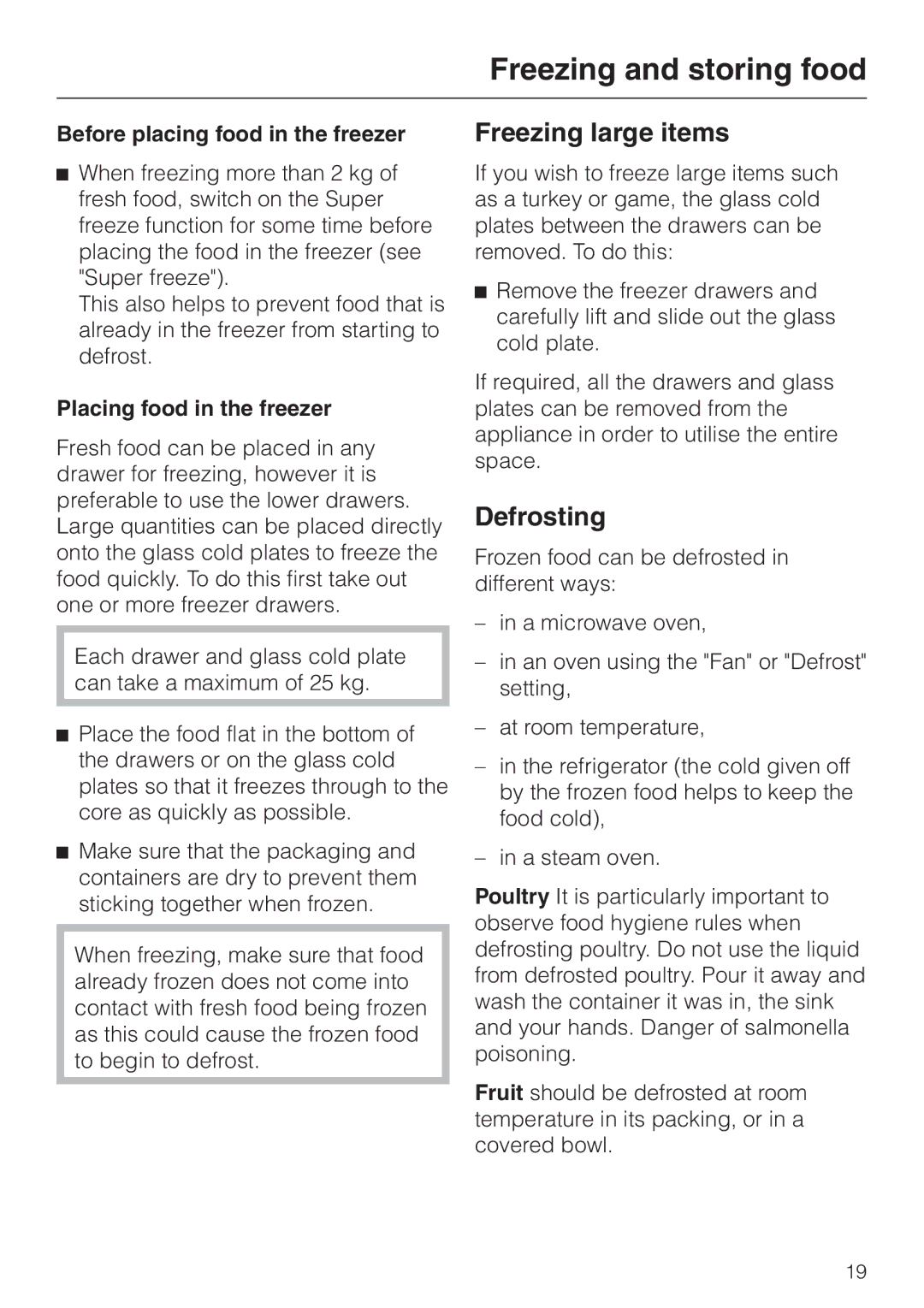 Miele F 9212 I Freezing large items, Defrosting, Before placing food in the freezer, Placing food in the freezer 