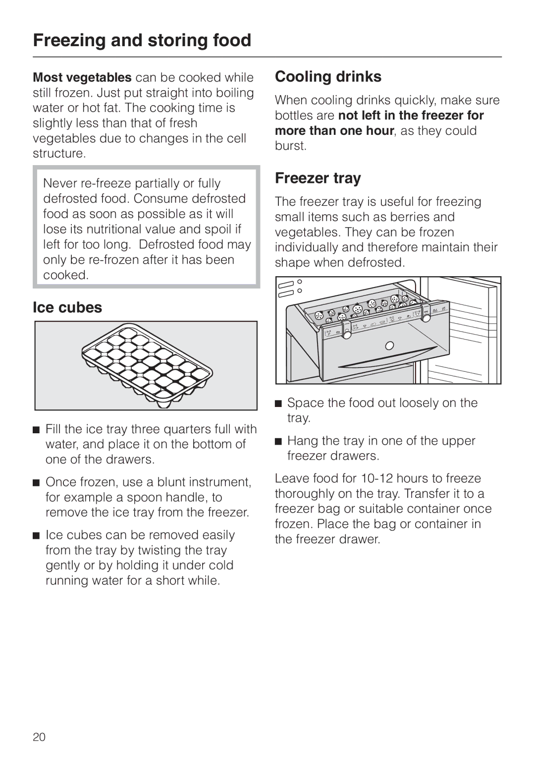 Miele F 9212 I installation instructions Ice cubes, Cooling drinks, Freezer tray 