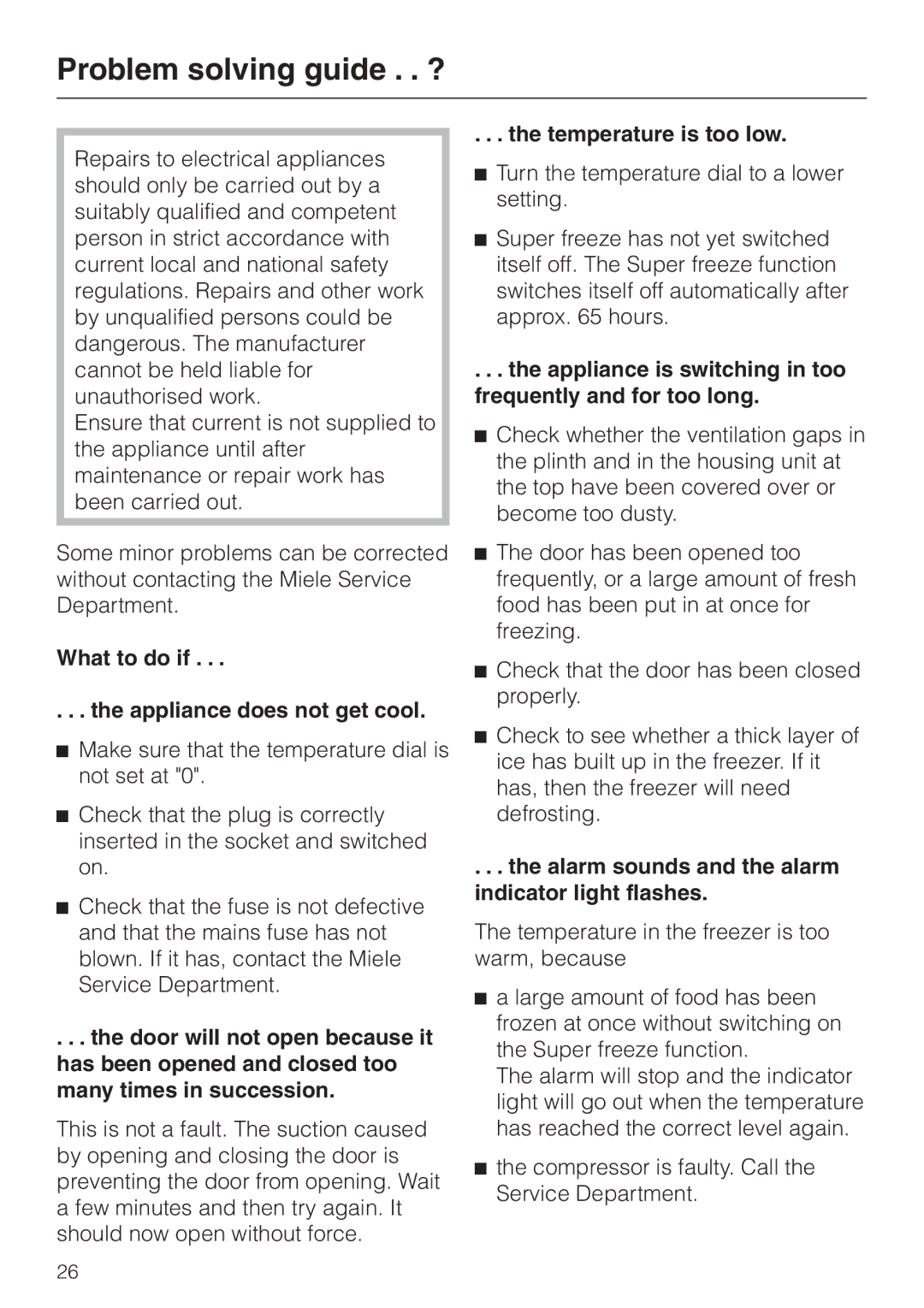 Miele F 9212 I Problem solving guide . . ?, What to do if Appliance does not get cool, Temperature is too low 